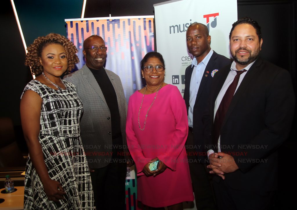 At the launch of Music TT app AMPT, from left Minister of Community Development, Culture and the Arts, Dr Nyan Gadsby-Dolly, John Arnold, Chairman of MusicTT,Minister of Trade and Industry, Paula Gopee-Scoon, Councillor Stephen Harper and  Controller of the Intellectual Property TT Regan Asgarali at Digicel Imax in Woodbrook. PHOTO SUREASH CHOLAI