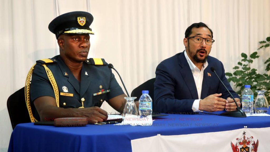 National Security Minister Stuart Young (right) and Chief of Defence Staff Air Commodore Darryl Daniel speaking to the media about our relief efforts to hurricane stricken Bahamas, at Security Ministry office in Port of Spain. PHOTO SUREASH CHOLAI