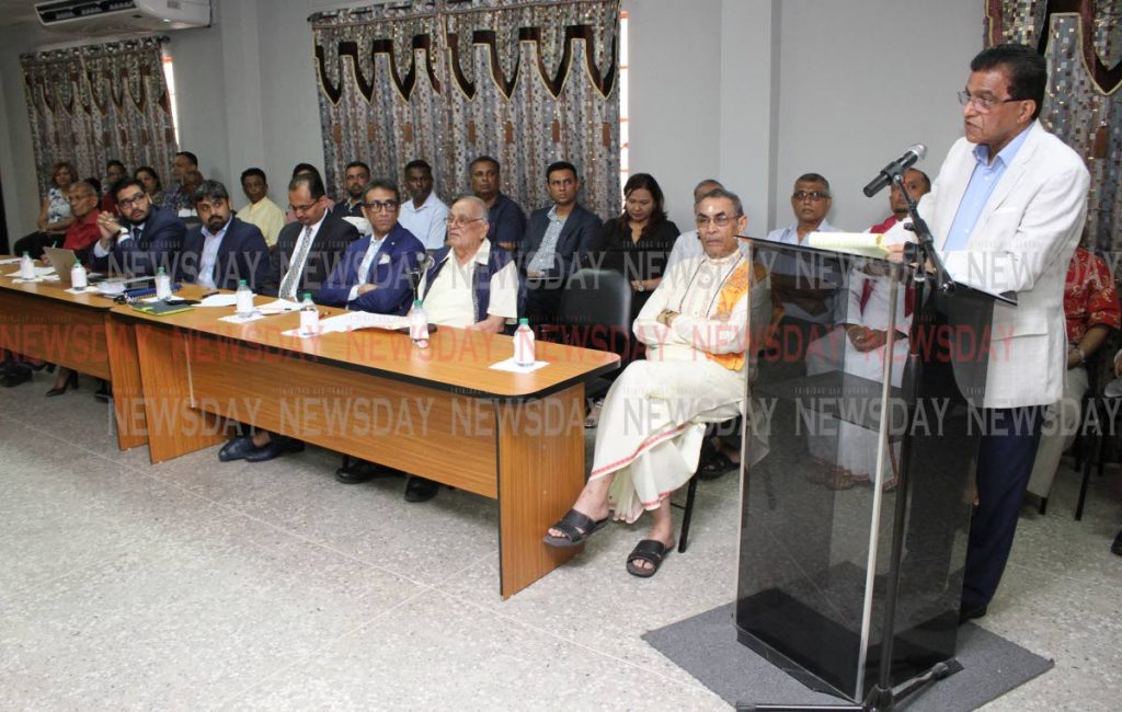 Ramesh Lawrence Maharaj SC speaks at a media conference on the Sedition Act at Lakshmi Girls' Hindu College, St Augustine. Present at the head table, from right, are pundit Dr Rampersad Parasram, Maha Sabha secretary general Satnarine Maharaj, attorneys Jagdeo Singh, Dinesh Rambally, Kiel Taklalsingh and Stefan Ramkissoon. 

PHOTO BY ANGELO MARCELLE