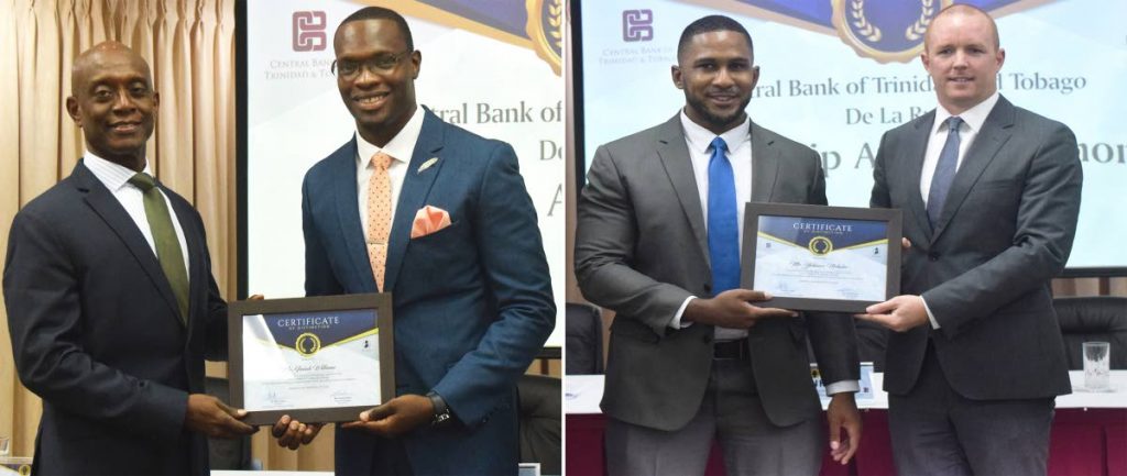 SCHOL WINNERS: This composite photo shows from left, Central Bank Governor Dr Alvin Hillaire, De La Rue Currency schol winners Isaiah Williams and Yohance Nicholas and De La Rue Regional Manager Gareth Evans at the scholarship ceremony on Thursday at the Central Bank in Port of Spain. PHOTOS BY VIDYYA THURAB