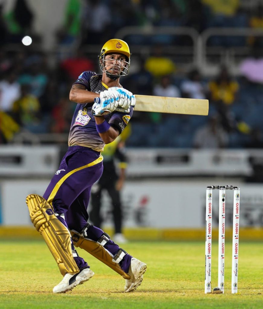 In this handout image provided by CPL T20, Lendl Simmons of Trinbago Knight Riders hits a four during match 10 of the Hero Caribbean Premier League between Jamaica Tallawahs and TKR at Sabina Park, last Friday, in Kingston, Jamaica.