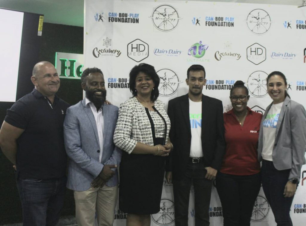 From left-right - Robert Hadad (CEO HADCO), Tobias Ottley (Executive Manager - EDPU - SPORTT), Dr Margaret Nakhid-Chatoor (President TT Association of Psychologists), Amiel Mohammed (CEO - Can Bou Play Foundation), Amanda Johnson (EDPU - SPORTT), Alexandria Olton (Mindology Trinidad) at Monday’s launch.