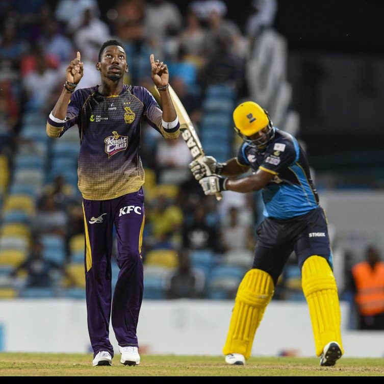 Trinbago Knight Riders spinner Khary Pierre celebrates a wicket against Barbados Tridents on Thursday at the Kensington Oval, Barbados. PHOTO COURTESY CPL 2019