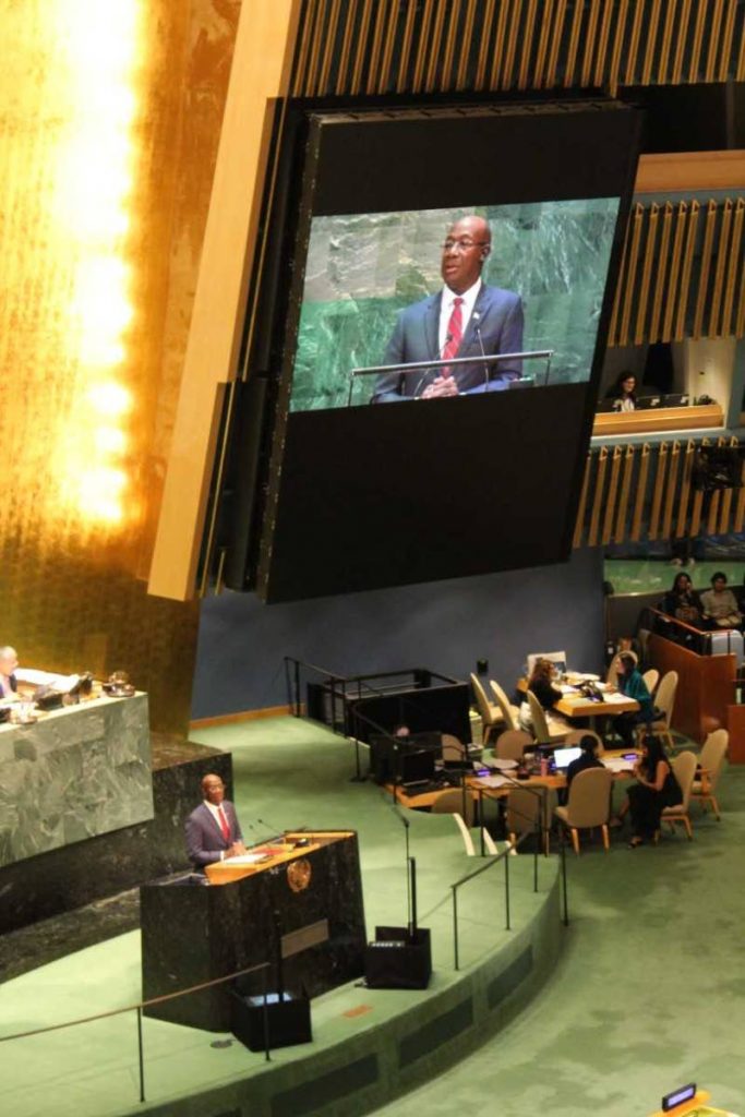 LISTEN: Prime Minister Dr Keith Rowley speaks to world leaders 
during the United Nations General Assembly in New York 
yesterday.    PHOTO BY CARLA BRIDGLAL