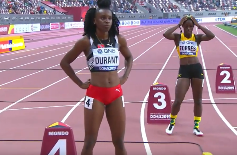 TT's Kamaria Durant (left). 
Photo via IAAF live stream