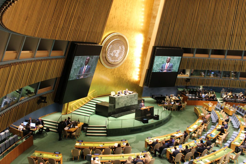 Prime Minister Dr Keith Rowley addresses the United Nations General Assembly. Photo: Carla Bridglal