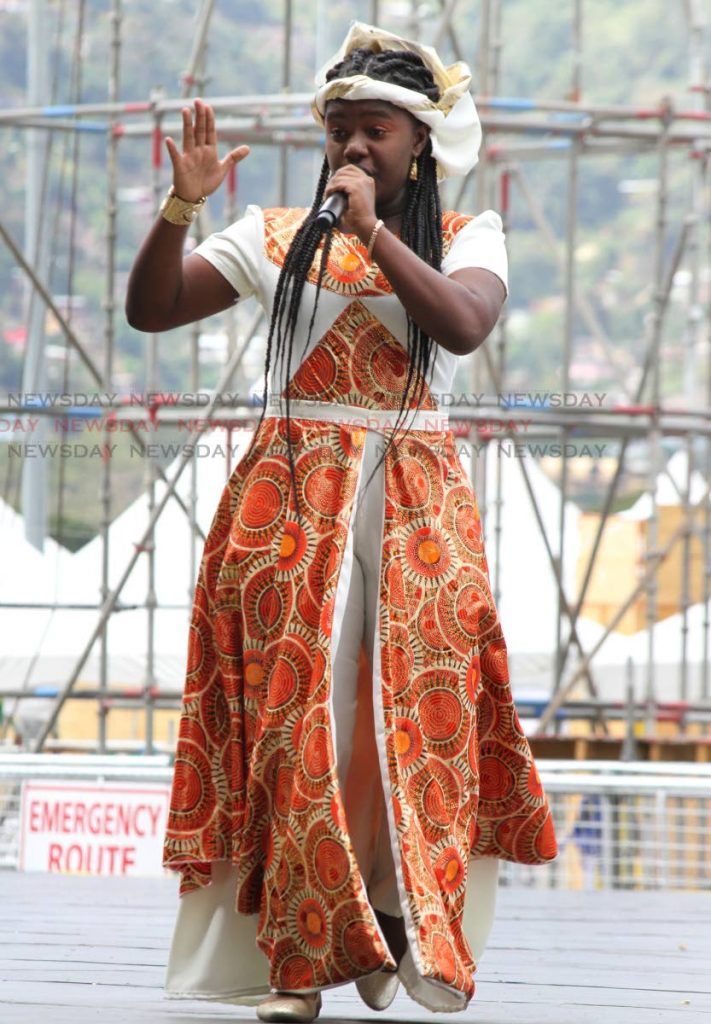 In this February 25 file photo, N'Janela Duncan Regis sings Slave to The Gun at the Junior Calypso Monarch competition, Queen's Park Savannah, Port of Spain.