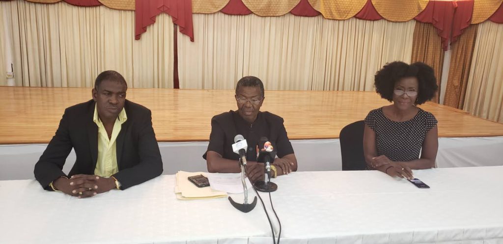 COALITION CONFIRMED: Political leader of the Tobago Organisation of the People, Ashworth Jack, left, The Platform of Truth's  Hochoy Charles, centre, and Tobago Forwards leader Christlyn Moore, right, have agreed to form a party, One Tobago Voice, to fight elections. 
