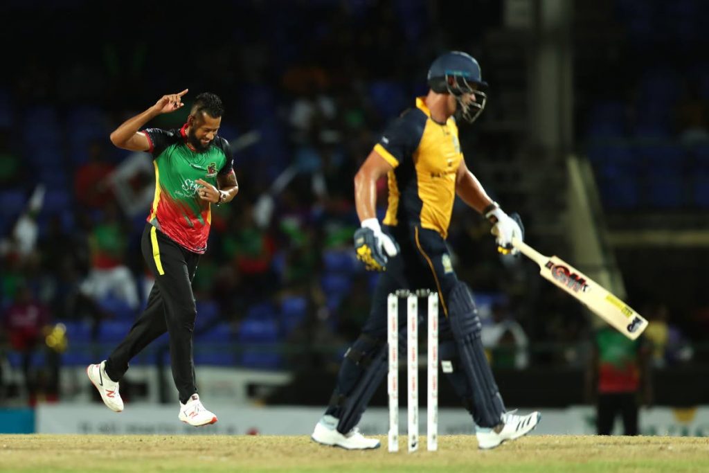 In this file photo, Hardus Viljoen of St Lucia Zouks is dismissed by Rayad Emrit of St Kitts and Nevis Patriots during the Hero Caribbean Premier League match between St Kitts Nevis Patriots and St Lucia Zouks at Warner Park Sporting Complex on Sep 15, in Basseterre, St Kitts. - Photo via CPL T20