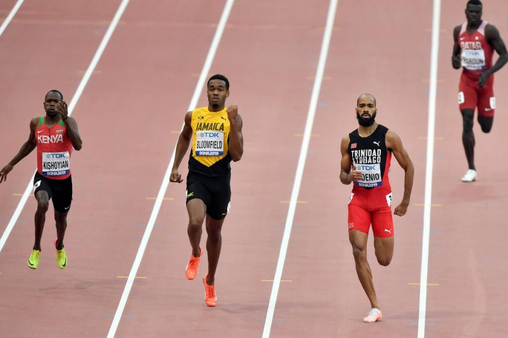 Machel Cedenio, of Trinidad And Tobago, second right, and Akeem Bloomfield, of Jamaica, second left, compete in the men’s 400 meter heats at the World Athletics Championships in Doha, Qatar, Tuesday, Oct. 1, 2019. Left is Alphas Leken Kishoyian, of Kenya, right is Abdalelah Haroun, of Qatar. AP Photo