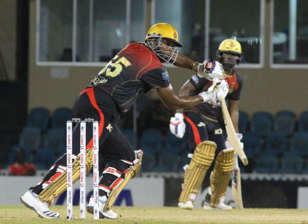 TKR captain Kieron Pollard plays a shot, on Monday night, against the Guyana Amazon Warriors,during action in the Hero CPL match,held at the Queen's Park Oval, St Clair.