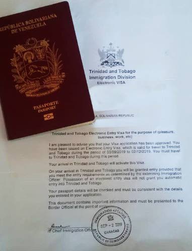 An official visa application form from the Trinidad embassy in Caracas. 