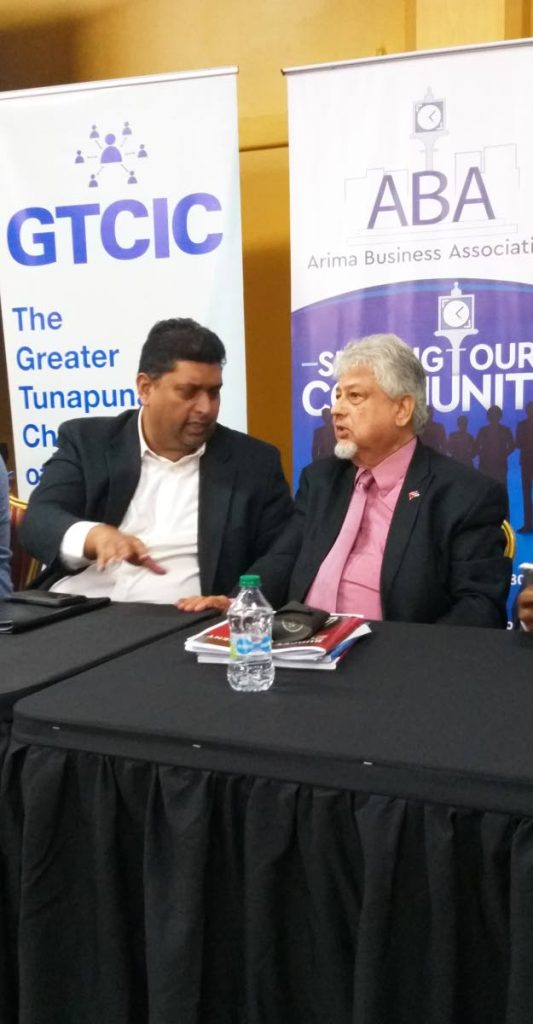 (L-R) Senior Lecture of Economics at UWI Dr. Roger Hosein, former finance minister Mariano Browne, former Energy Minister Kevin Ramnarine, Caroni Central MP Dr. Bhoe Tewarie and CEO of JMMB Express Finances Elson James, at a post bugdet analysis hosted by the Greater Tunapuna Chamber of Industry & Commerce, the Arima Business Association and the Supermakert Association. 