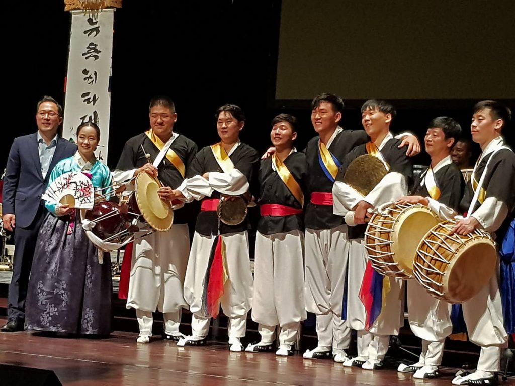 Members of visiting Korean Traditional Marching Band at SAPA, San Fernando.

PHOTO BY: YVONNE WEBB