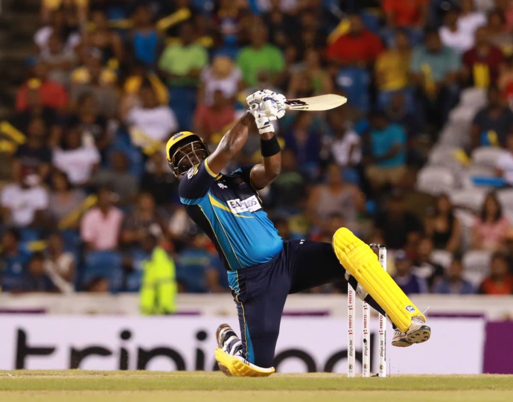 Ashley Nurse of the Barbados Tridents hits a shot  during the 2019 Hero CPL final against the Guyana Amazon Warriors at the Brian Lara Cricket Academy,Tarouba.