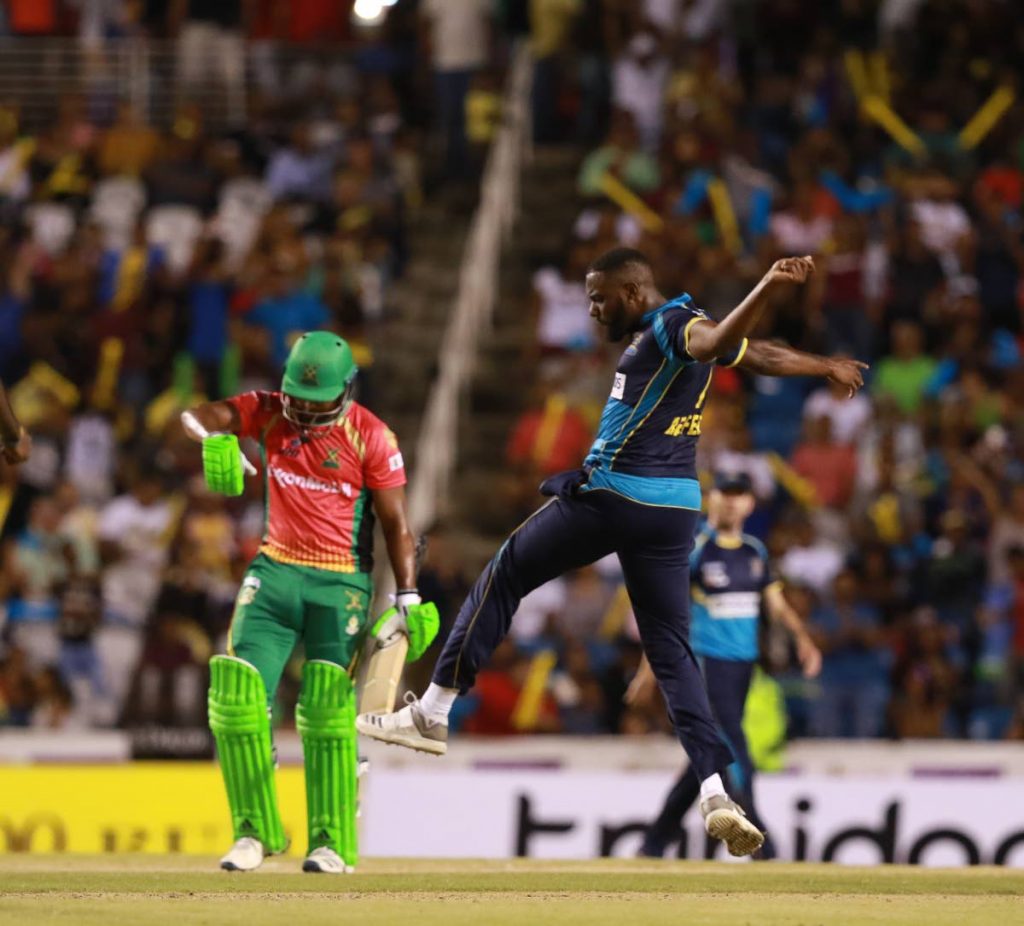 Raymon Riefer(R), of the Barbados Tridents,celebrates after dismissing Chandrapaul Hemraj during the 2019 Hero CPL final against the Guyana Amazon Warriors, at the Brian Lara Cricket Academy,Tarouba, on Saturday night.

Photo by: Nicholas Bhajan/CA-images