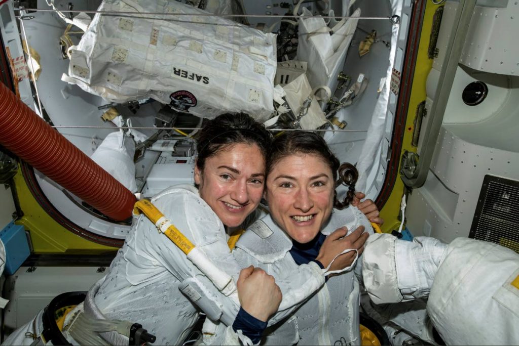 In this photo released by NASA on Friday, Oct. 18, 2019, U.S. astronauts Jessica Meir, left, and Christina Koch pose for a photo in the International Space Station. The astronauts took part in the first all-female spacewalk. - AP PHOTO