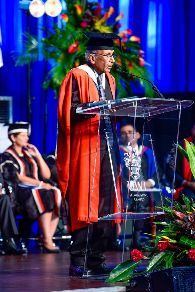 Professor Emeritus Harold Ramkissoon delivers his acceptance speech after receiving an honorary doctorate from the UWI at their Faculty of Science & Technology - Food & Agriculture graduation ceremony yesterday. - Elliot Francois