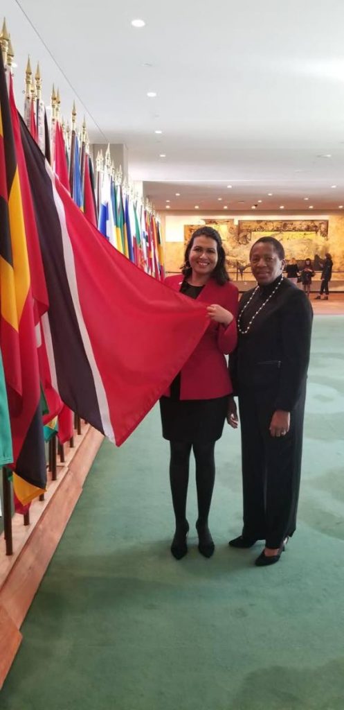 Kristan Jhagroo, TT’a first ever recipient of the UN Fellowship on disarmament, with TT’s permanent representative at the UN, Pennelope Beckles.    PHOTO COURTESY PENNELOPE BECKLES - 