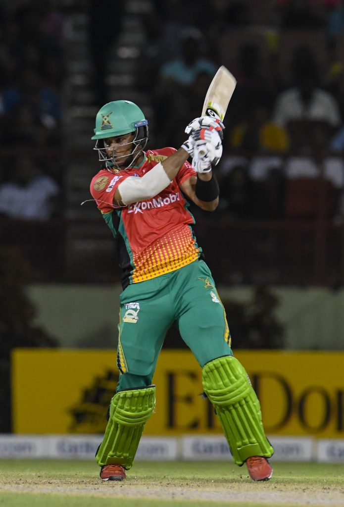 PROVIDENCE, GUYANA - OCTOBER 04: In this handout image provided by CPL T20, Brandon King of Guyana Amazon Warriors hits 4 during match 30 of the Hero Caribbean Premier League between Guyana Amazon Warriors and Trinbago Knight Riders at Guyana National Stadium on October 4, 2019 in Providence, Guyana. (Photo by Randy Brooks - CPL T20/Getty Images)