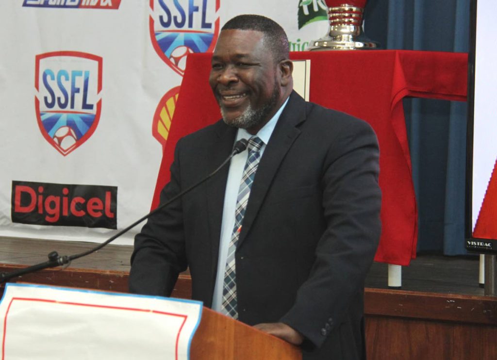 Secondary Schools Football League (SSFL) President William Wallace speak at the launch of the SSFL at Fatima College Auditorium on September 3. PHOTO BY AYANNA KINSALE  - Ayanna Kinsale