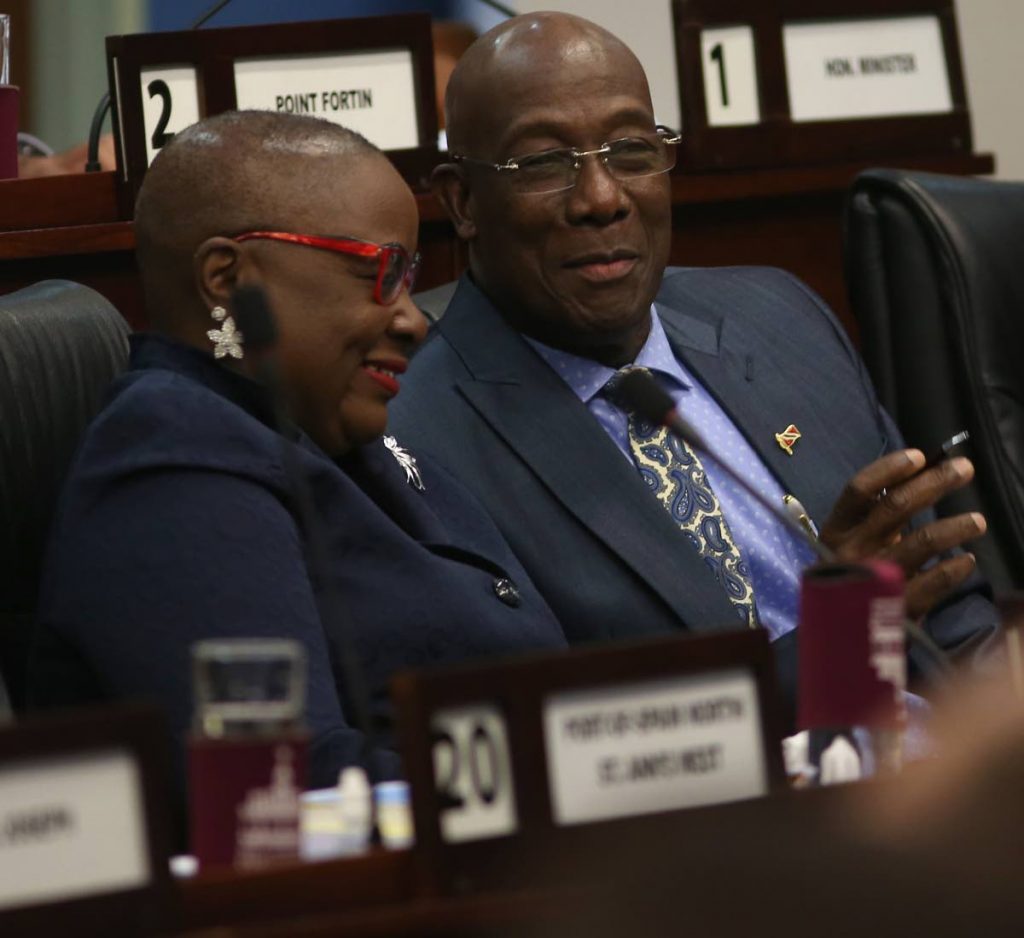 Prime Minister Dr Keith Rowley and Leader of Government Business Camille Robinson-Regis in Parliament. FILE PHOTO - 