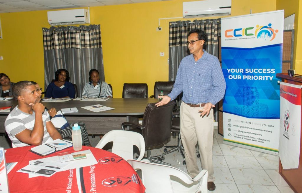 Sajjad Hamid from Costaatt speaks during the National Crime Prevention Programme Fundamental Tools For Entrepreneurs Workship at the Chaguanas Chamber of Industry and Commerce on Saturday.   - CHEQUANA WHEELER