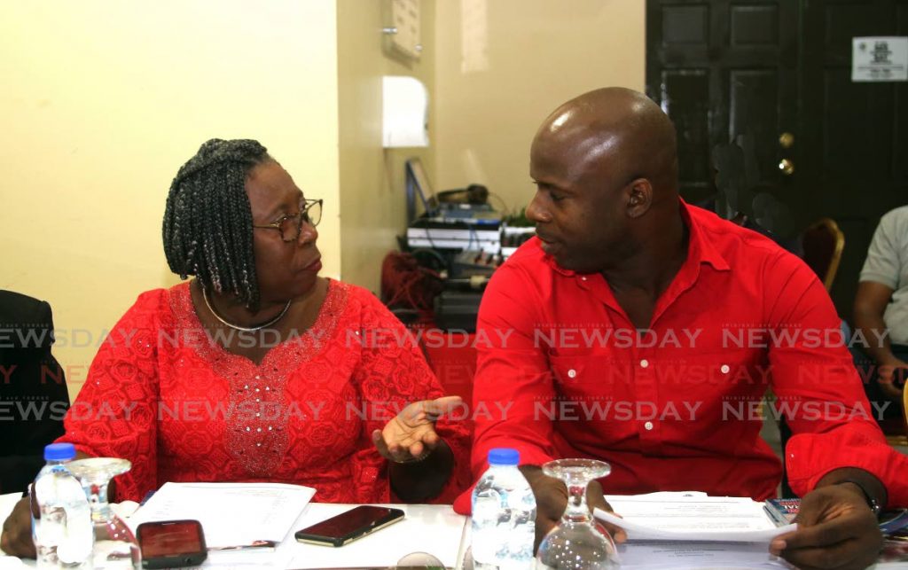 Pan Trinbago president, Beverley Ramsey-Moore speaks with vice president Carlon Harewood at the organisation's AGM on Sunday at the VIP lounge, Queen's Park Savannah. PHOTO BY SUREASH CHOLAI - SUREASH CHOLAI