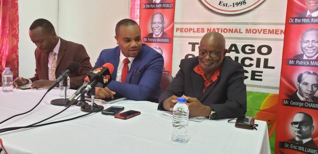 Assemblyman Ancil Dennis, left, PNM Tobago Council PRO Kwesi Des Vignes, centre, and Chairman Stanford Callender at a press conference last week to announce Nomination Day for the PNM internal elections next year. - 