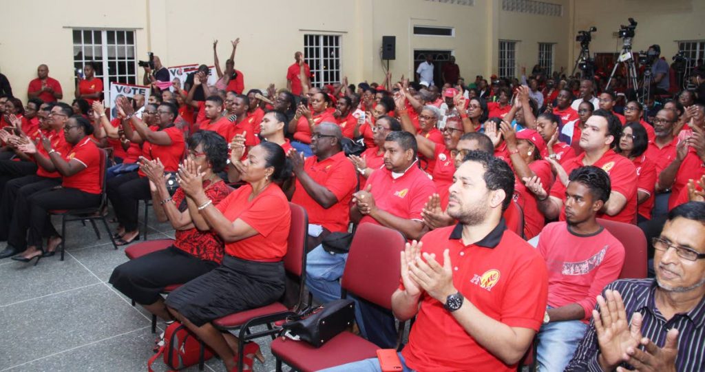 PNM supprters at the party's meeting in Thick Village Community Centre, Siparia on Thursday. The party will hold a convention and local government election rally at Queen's Park Savannah on Sunday. - Vashti Singh