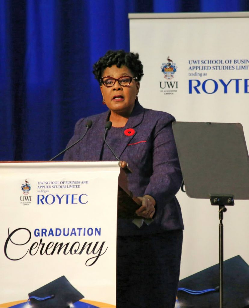 SAGE ADVICE: President Paula-Mae Weekes addresses Roytec graduates last Friday at UWI, St Augustine.  - 