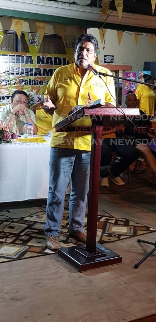 Oropouche East MP, Dr Roodal Moonilal speaks at a UNC cottage meeting at Claxton Bay in support for candidate for Claxton Bay/ Pointe-a-Pierre,  Shazeeda Khan-Mohammed. - Lincoln Holder