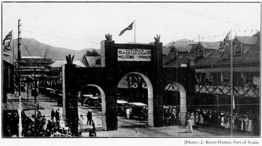 Arch at Broadway and Marine Square (now Independence Square) in downtown Port of Spain, decorated for the visit of Edward Prince of Wales in 1920.  Vintage photo by J Keens-Dumas. - 