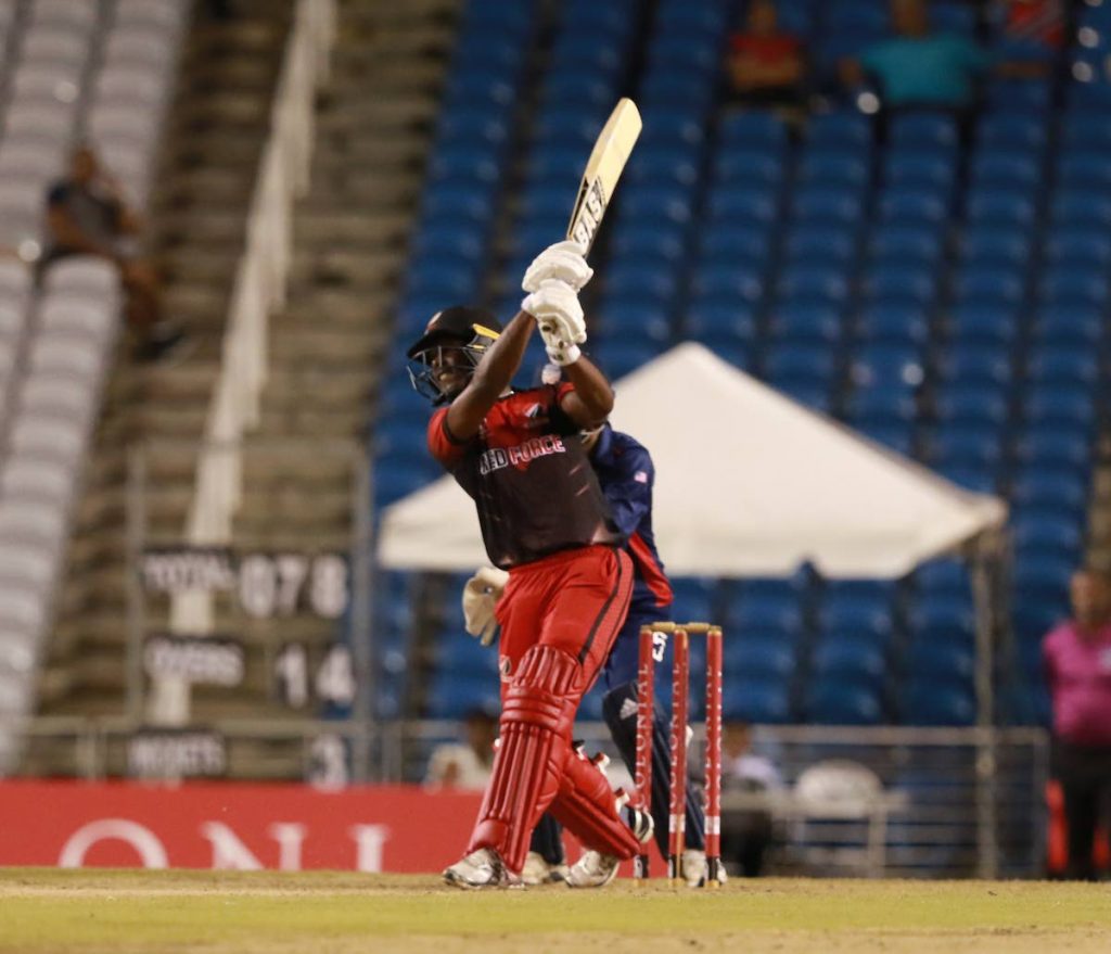  TT Red Force batsman Jason Mohammed hits a shot during the Colonial Super 50 match against the USA at the Brian Lara Cricket Academy,Tarouba,on Friday.  - Nicholas Bhajan/CA-images