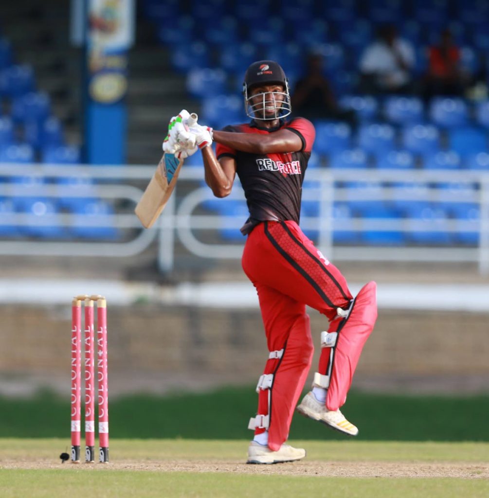 TT Red Force’s Jeremy Solozano hits a shot during the Colonial Medical Super 50 match against the West Indies Emerging Players,  at the Queens Park Oval, St Clair, on Monday. - Nicholas Bhajan/CA-images