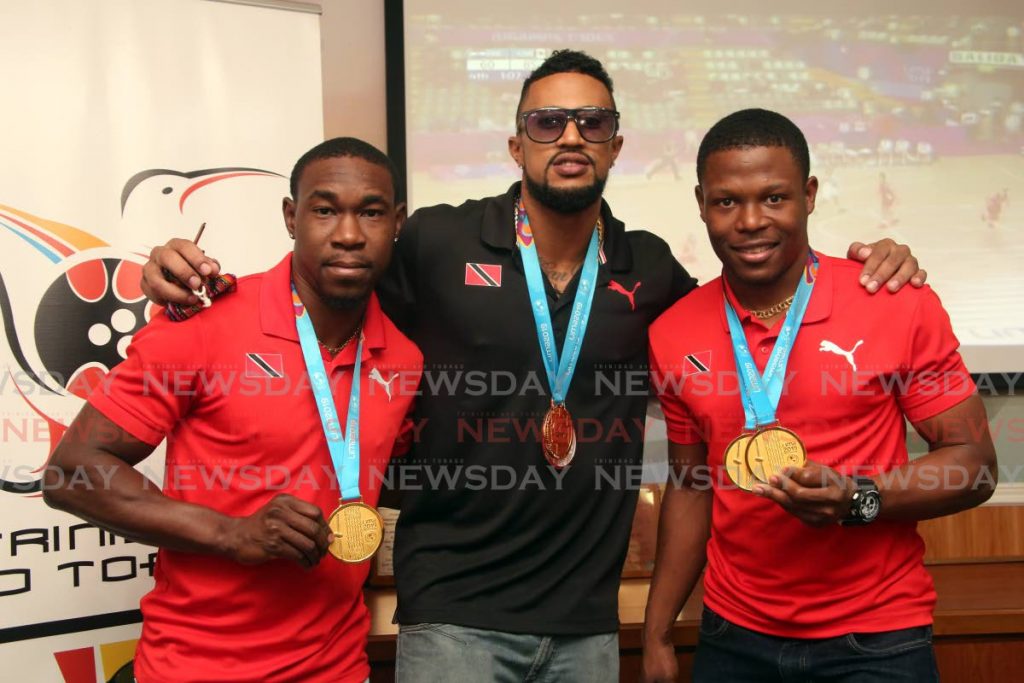 In this file photo, TT cyclists Keron Bramble, from left, Njisane Phillip and Nicholas Paul pose with their 2019 Pan American Games medals at the TT Olympic House in Port of Spain, on Aug 7. 
PHOTO BY SUREASH CHOLAI - 