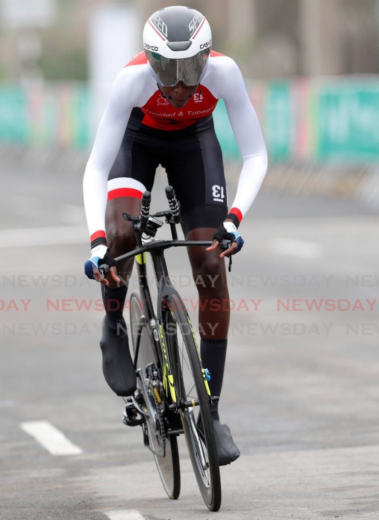 In this file photo, TT’s Teniel Campbell competes in the women’s road cycling individual time trial finals at the Pan American Games in Lima Peru,  on August 7. Campbell won silver. AP Photo - 