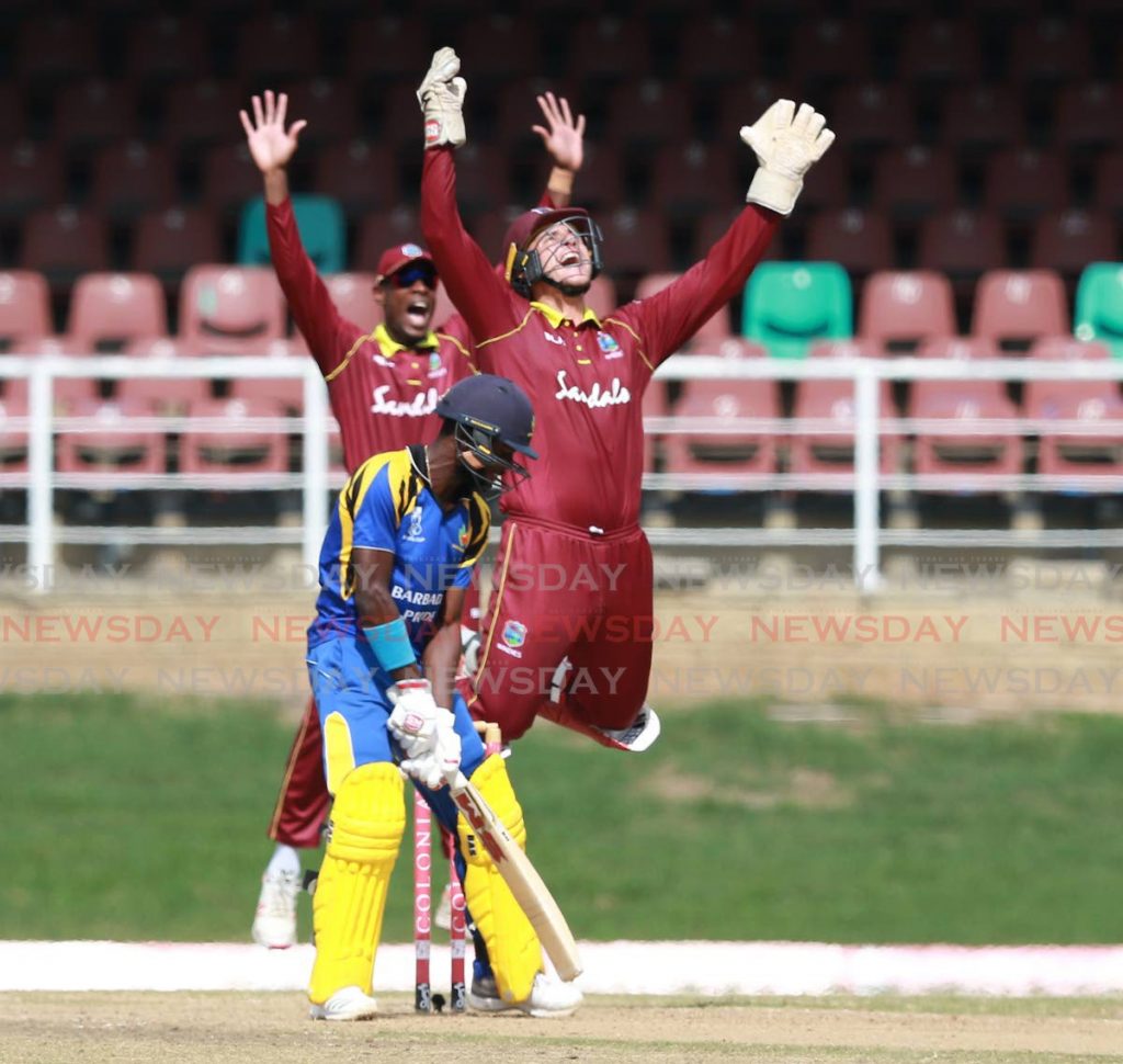 West Indies Emerging Players  wicket keeper Joshua Da Silva celebrates a wicket during the Colonial Medical Super 50 match against the Barbados Pride at the Queens Park Oval, St Clair, on November 28. - Nicholas Bhajan/CA-images