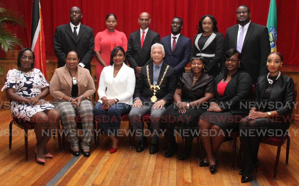 The councillors of the Port of Spain city council who were sworn-in on Monday. Seated at centre is incumbent mayor Joel Martinez. - Ayanna Kinsale