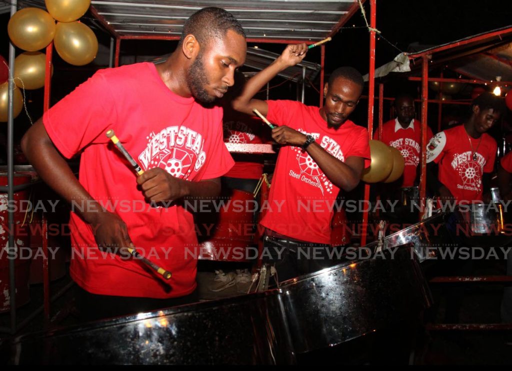 Members of West Stars play Music in my Blood during the Small Conventional pan prelims at Water Wheel Road, River Estate, Diego Martin on Monday. - AYANNA KINSALE