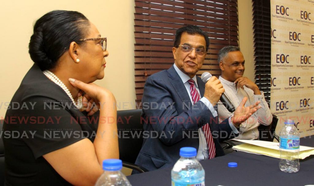 Ramesh Lawrence-Maharaj SC, centre, as the Law Association (LATT) and the Equal Opportunity Commission (EOC) host a panel programme LATT’s offices on Frederick St, Port of Spain, on Tuesday. Looking on are EOC Chairman Lynette Seebaran-Suite and senior UWI lecturer Dr Arif Bulkan. - ROGER JACOB