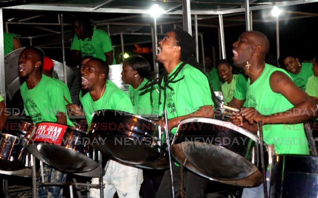 MUSICAL ECSTASY: Members of the Roadblock Steel Orchestra appear to be high on the music during judging for the preliminary round on Tuesday.  PHOTO BY SUREASH CHOLAI

in prelims of Panaorama small band competition playing in the dag of the Queen 's Park Savannah on Tuesday night (10-12-19)  . PJOTO SUREASH CHOLAI - SUREASH CHOLAI