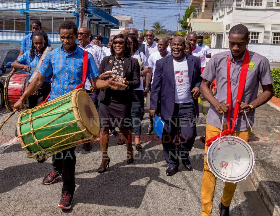 Tassa drums announce the arrival of Tracy Davidson-Celestine, centre left, as she gets set to file her nomination papers at the PNM headquarters in Scarborough on Monday, to contest the post of PNM Tobago Council political leader. PHOTO BY DAVID REID  - DAVID REID 