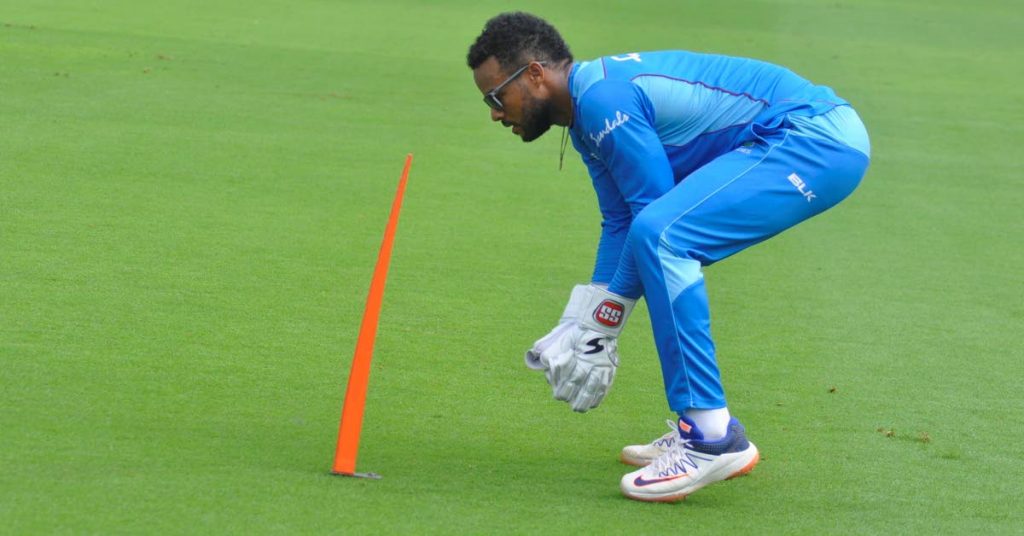 West Indies' Shai Hope goes through wicket-keeping drills prior to the second one day international against India, on Wednesday at the Dr YS Rajasekhara Reddy ACA-VDCA Stadium, Visakhapatnam, India. - CWI Media