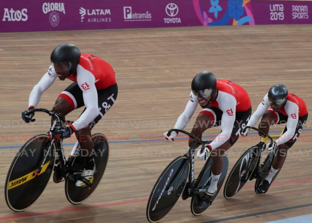 TT's Keron Bramble, left, Njisane Phillip, centre, and Nicholas Paul in the team sprint event at the 2019 Pan Am Games in Lima, Peru. - 