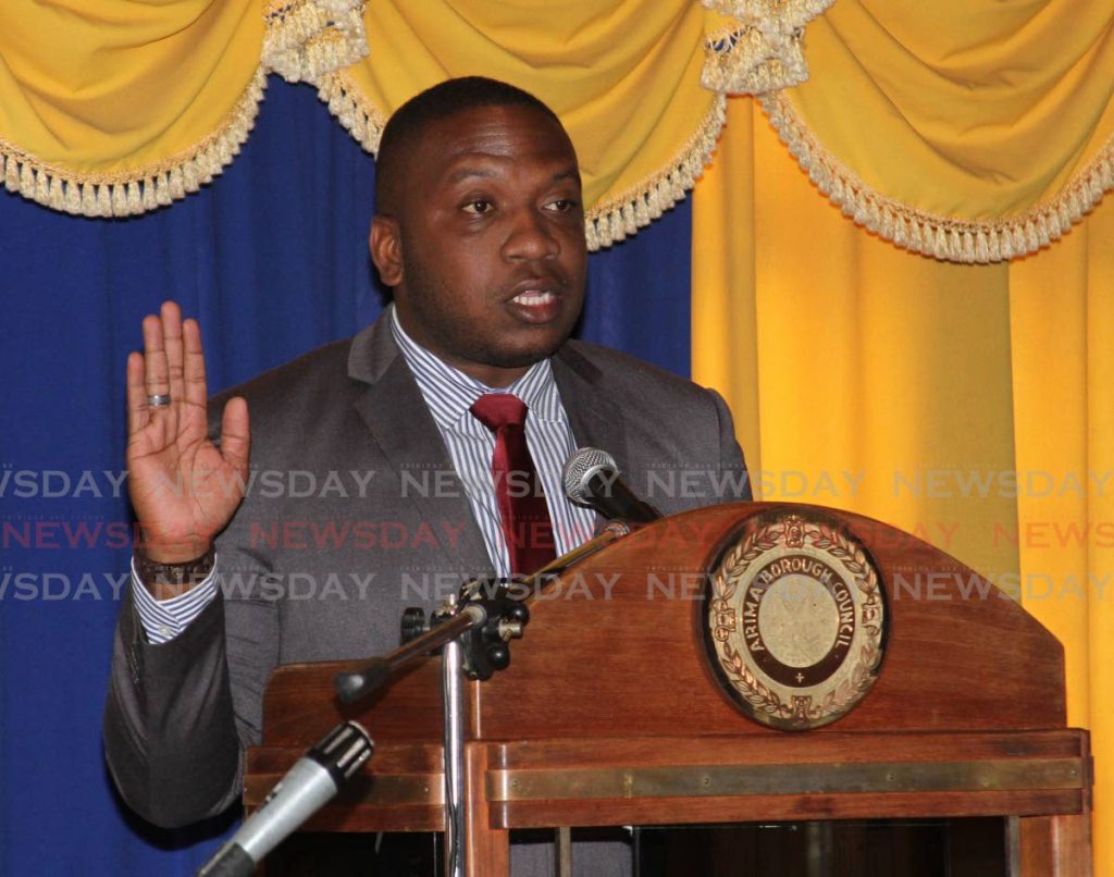 Brennon Patterson is sworn in for a second term as the councillor for Tunapuna on the Arima Borough Corporation on December 10. - ANGELO_MARCELLE