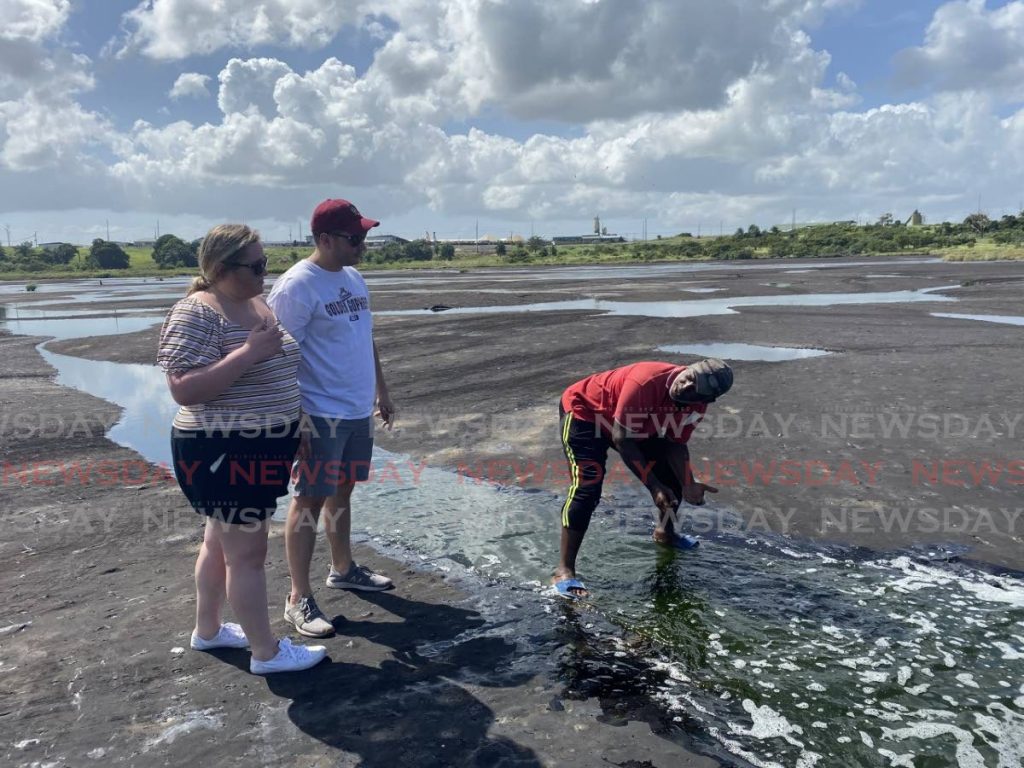 Pitch Lake tour guide Garvin Charles explains to American tourists Nathan and Megan Braski why the water in one of the pools on the Lake is green (a combination of dissolved sulphur and copper) but still safe to bathe in. - Carla Bridglal