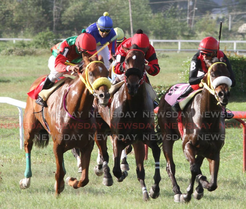 Early Bird (right), ridden by Brian Boodramsingh, holds off the challenges from Trini Aviator (left) and Spoke In Yuh Wheel to win the NFM Sian's Gold Sprint at the Santa Rosa Park, Arima on Wednesday. - ANGELO MARCELLE