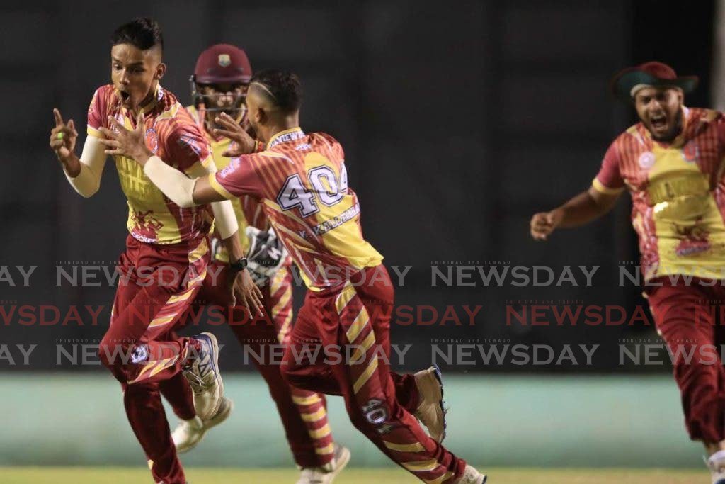 Hillview College players celebrate a wicket during the PowerGen Secondary Schools T20 Intercol final at the Brian Lara Cricket Academy. - FILE PHOTO