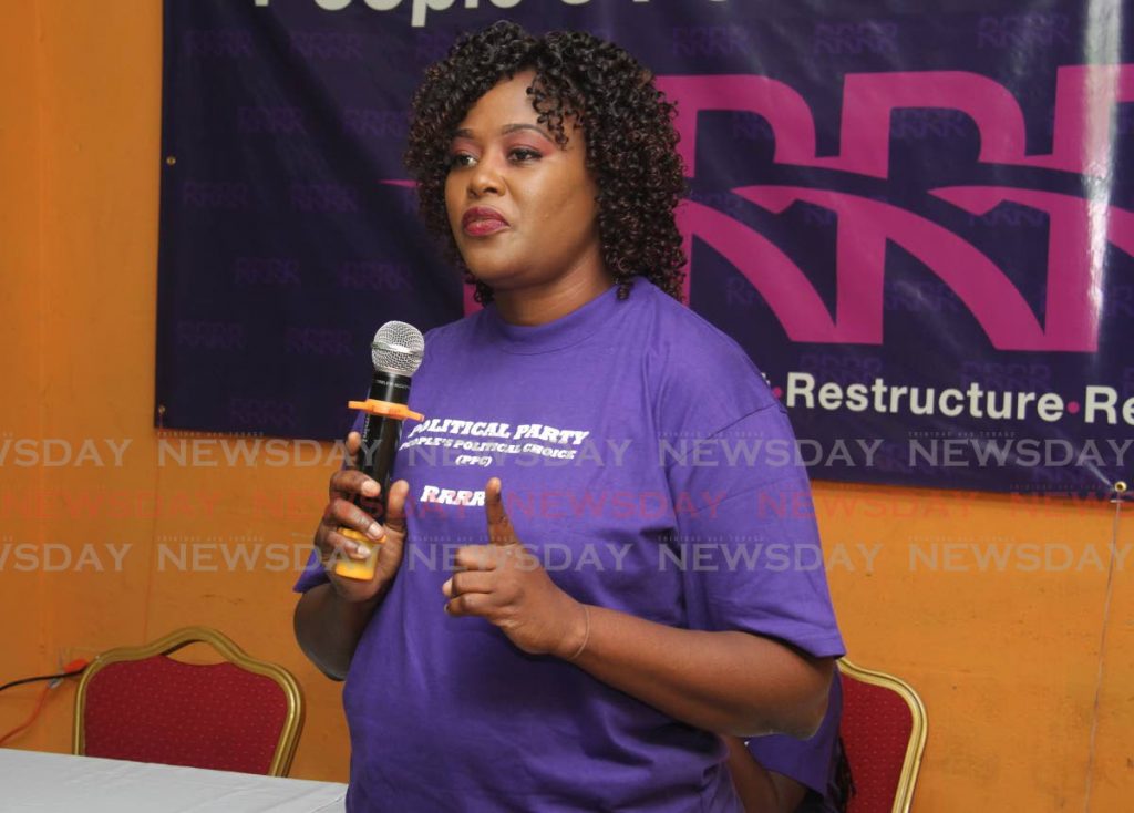 Leader of the People's Political Choice party speak at the launch on Sunday at Scherzando Pan Yard on Sunday. PHOTO BY AYANNA KINSALE  - Ayanna Kinsale